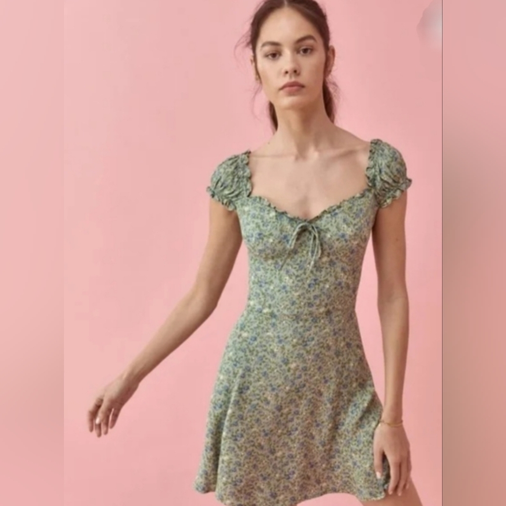 Reformation Pacey Blue and Green Floral Mini Dress, Size 6